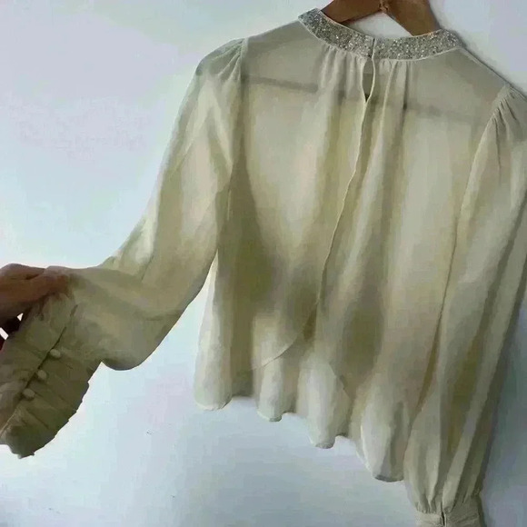 Lush Women’s Sheer White Cream Blouse Boho Timeless Sheer Bejeweled Collar Small - Picture 8 of 11